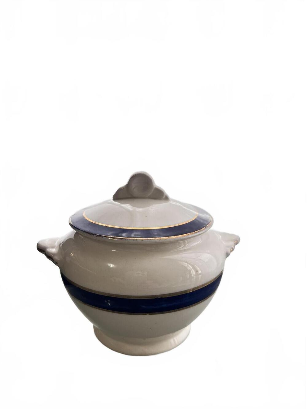 Vintage Lidded Sugar Bowl Blue Band Gold Trim